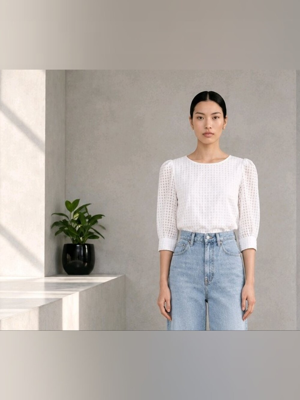 White Sheer Checkered Puff Sleeve Blouse - 3/4 Sleeve Grid Textured Top